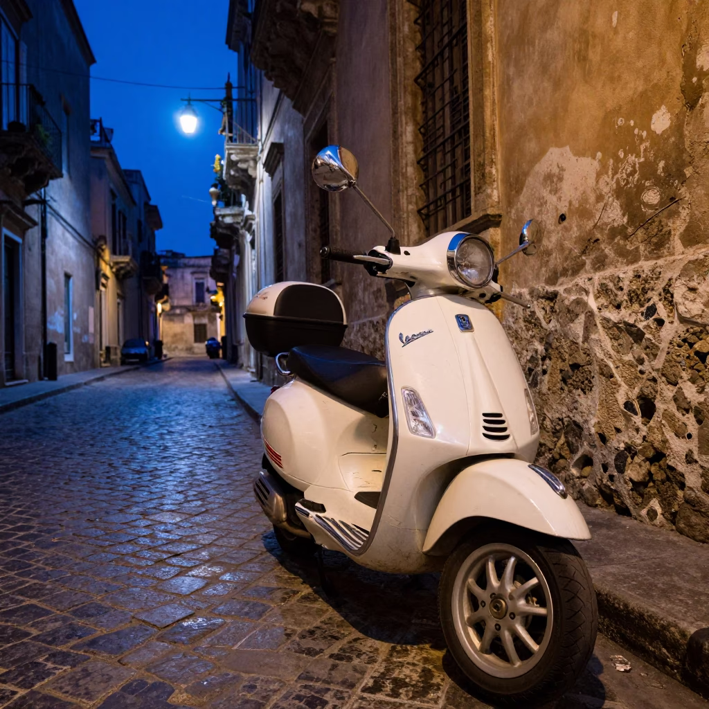 Vespa Parked in Palermo at The Last Blue Light Of Evening in in Palermo, Italy