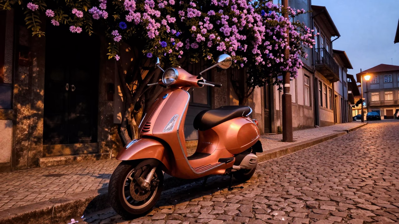 Vespa Parked in Porto at Copper-toned Light Before Dusk in in Porto, Portugal