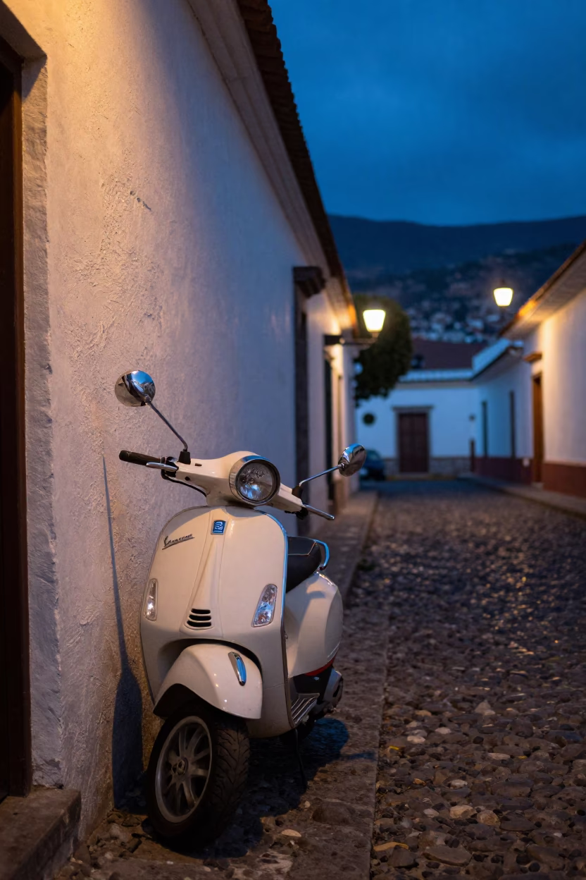 Vespa Parked in Quito at The Last Blue Light Of Evening in in Quito, Ecuador