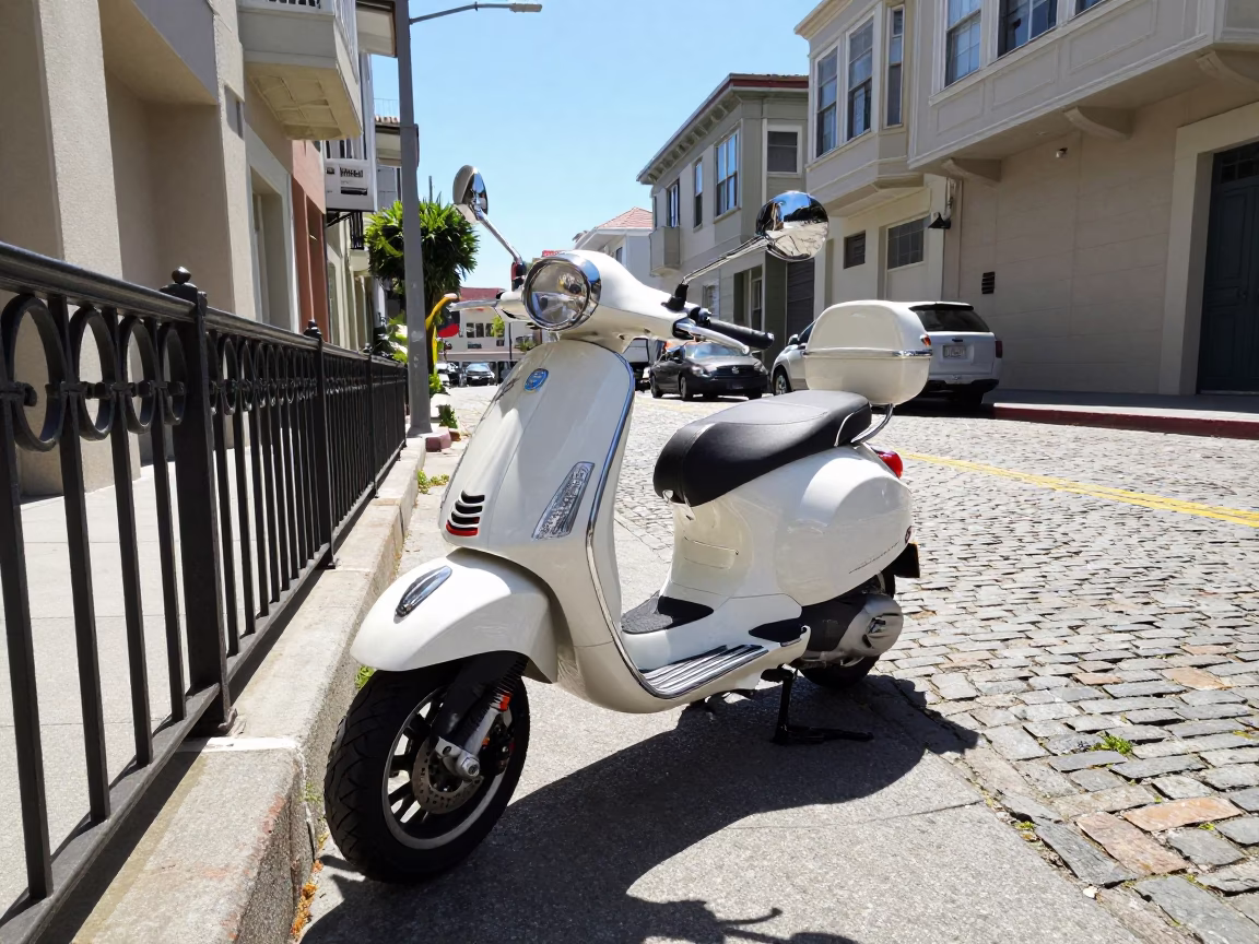 Vespa Parked in San Francisco at Bright Midmorning Light in in San Francisco, California, United States