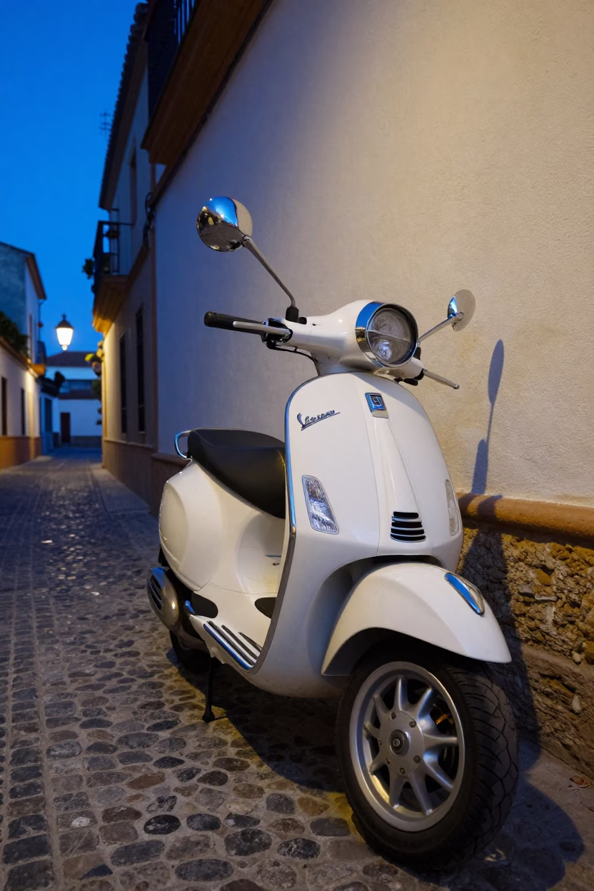Vespa Parked in Seville at Blue Hour in in Seville, Spain