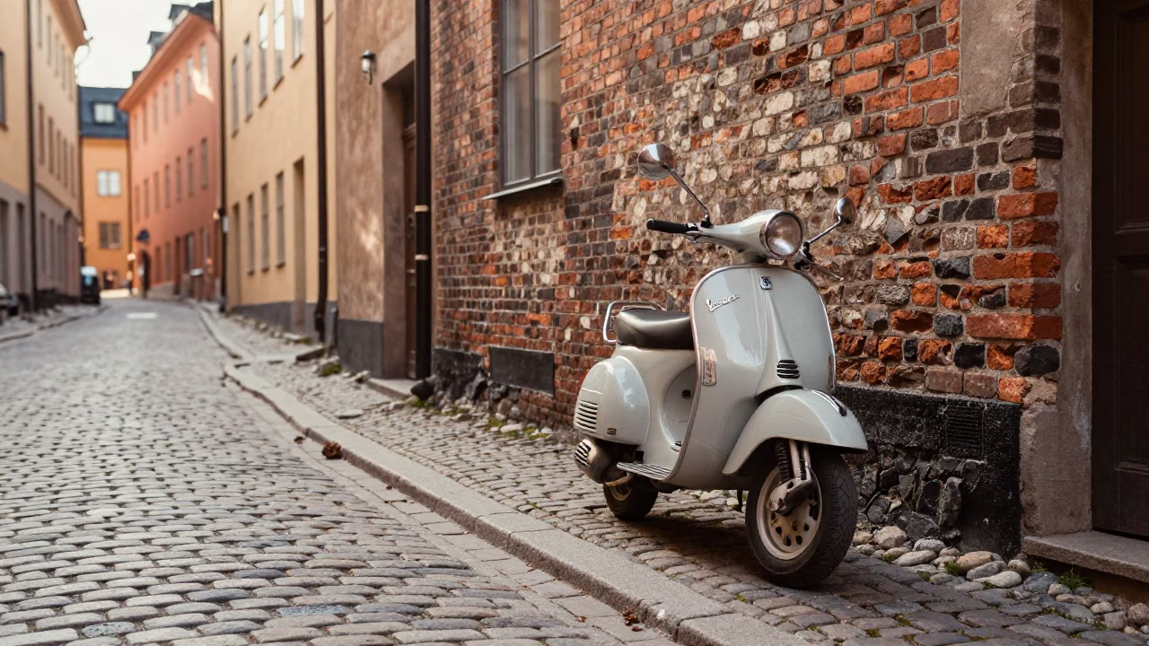 Vespa Parked in Stockholm at The Late Morning Light in in Stockholm, Sweden
