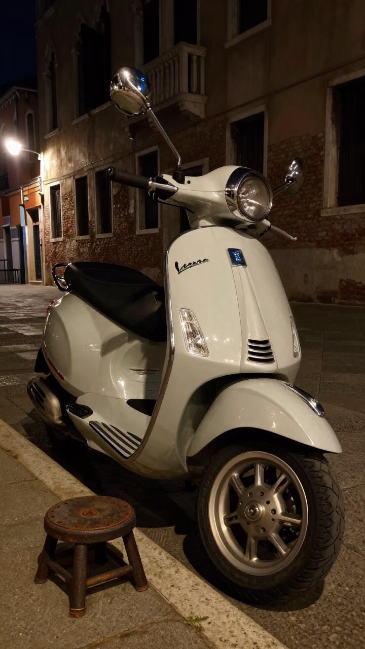 Vespa Parked in Venice at Late At Night Light in in Venice, Italy