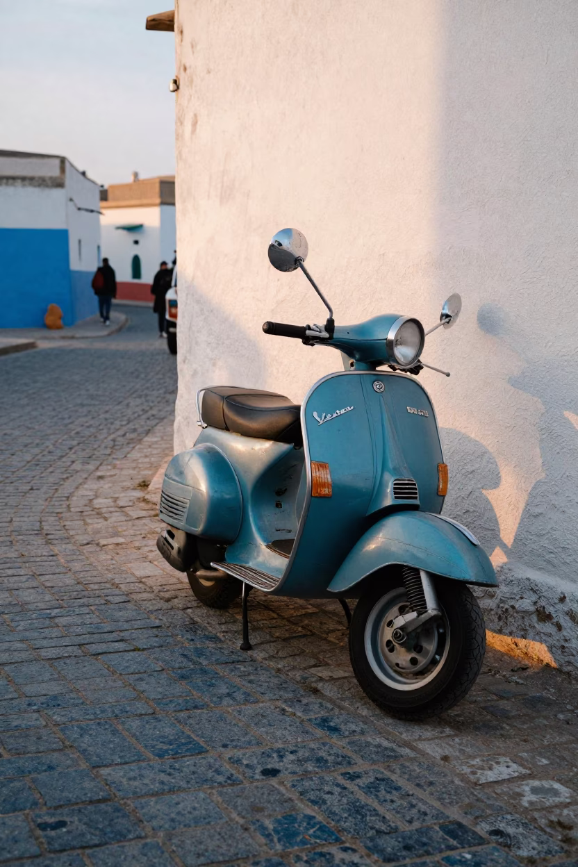 Vespa Parked just after sunrise in Essaouira in in Essaouira, Morocco