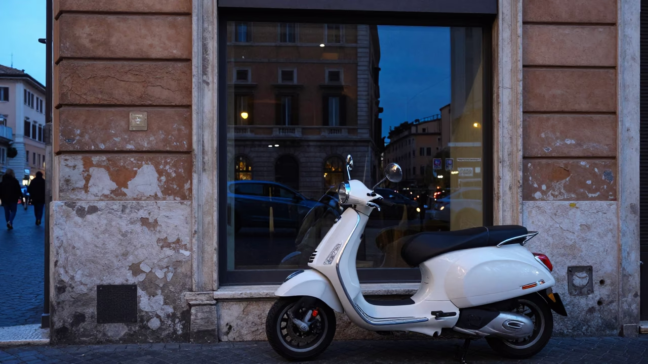 Vespa Reflected in Roman Shop Window During Evening Blue Light in in Rome, Italy