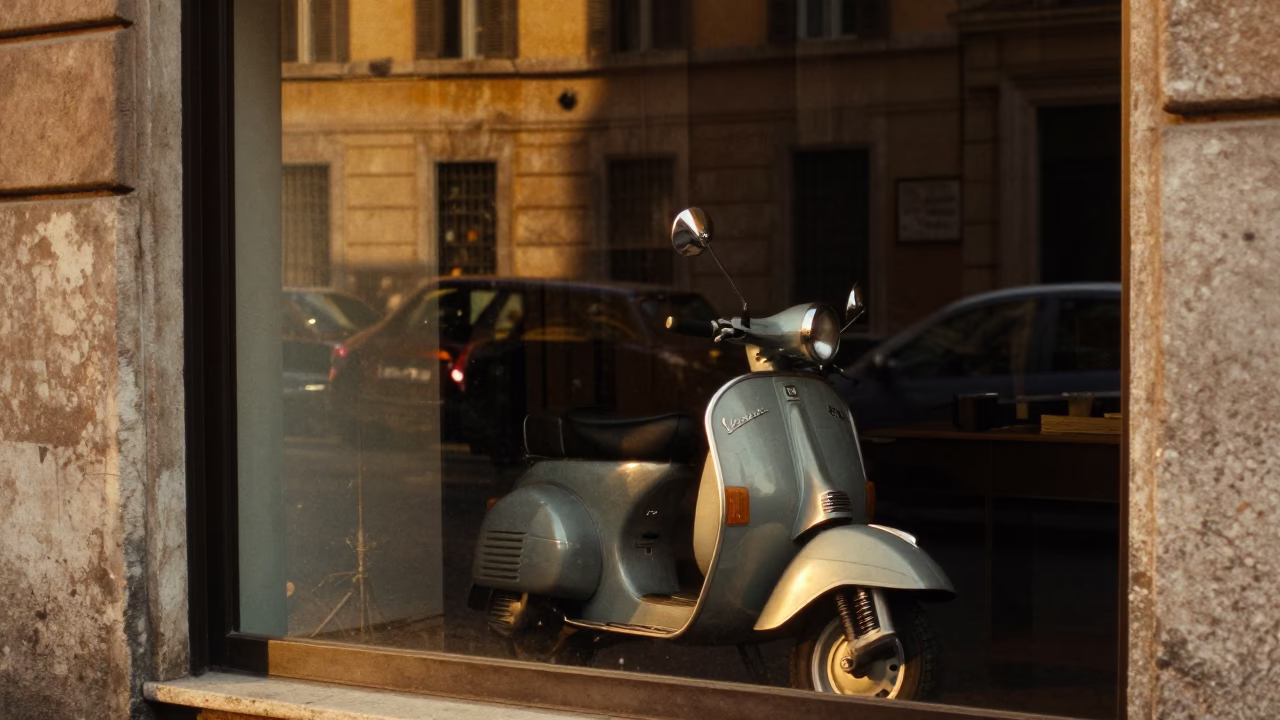 Vespa Reflected in Roman Shop Window During Honeyed Evening Light in Rome Italy in in Rome, Italy
