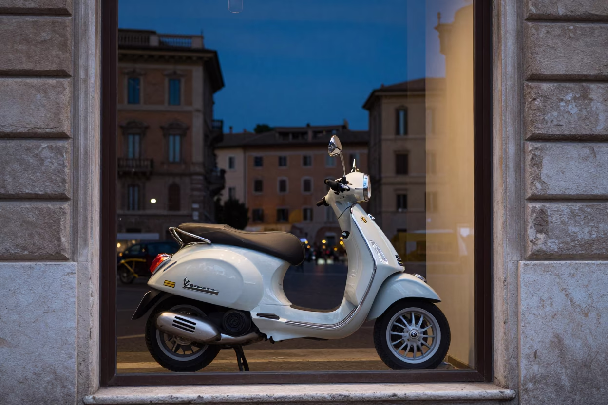 Vespa Reflected in Roman Shop Window During Indigo Twilight in Rome Italy in in Rome, Italy