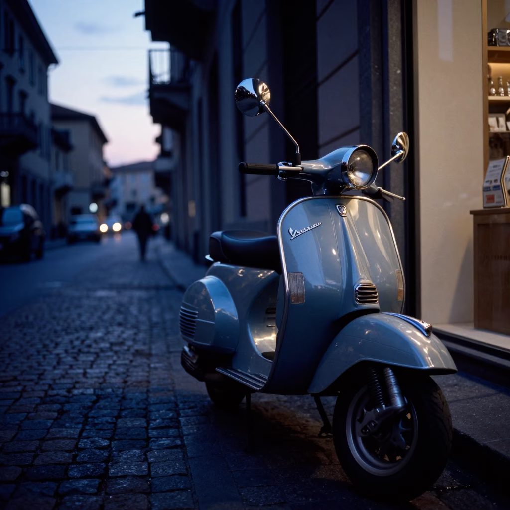 Vespa Reflection in Milan at Blue Hour in in Milan, Italy