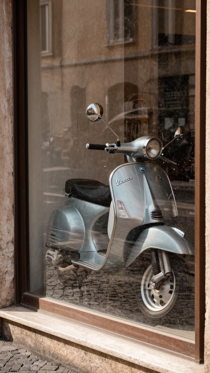 Vespa Reflection in Roman Shop Window Late Morning Light in in Rome, Italy