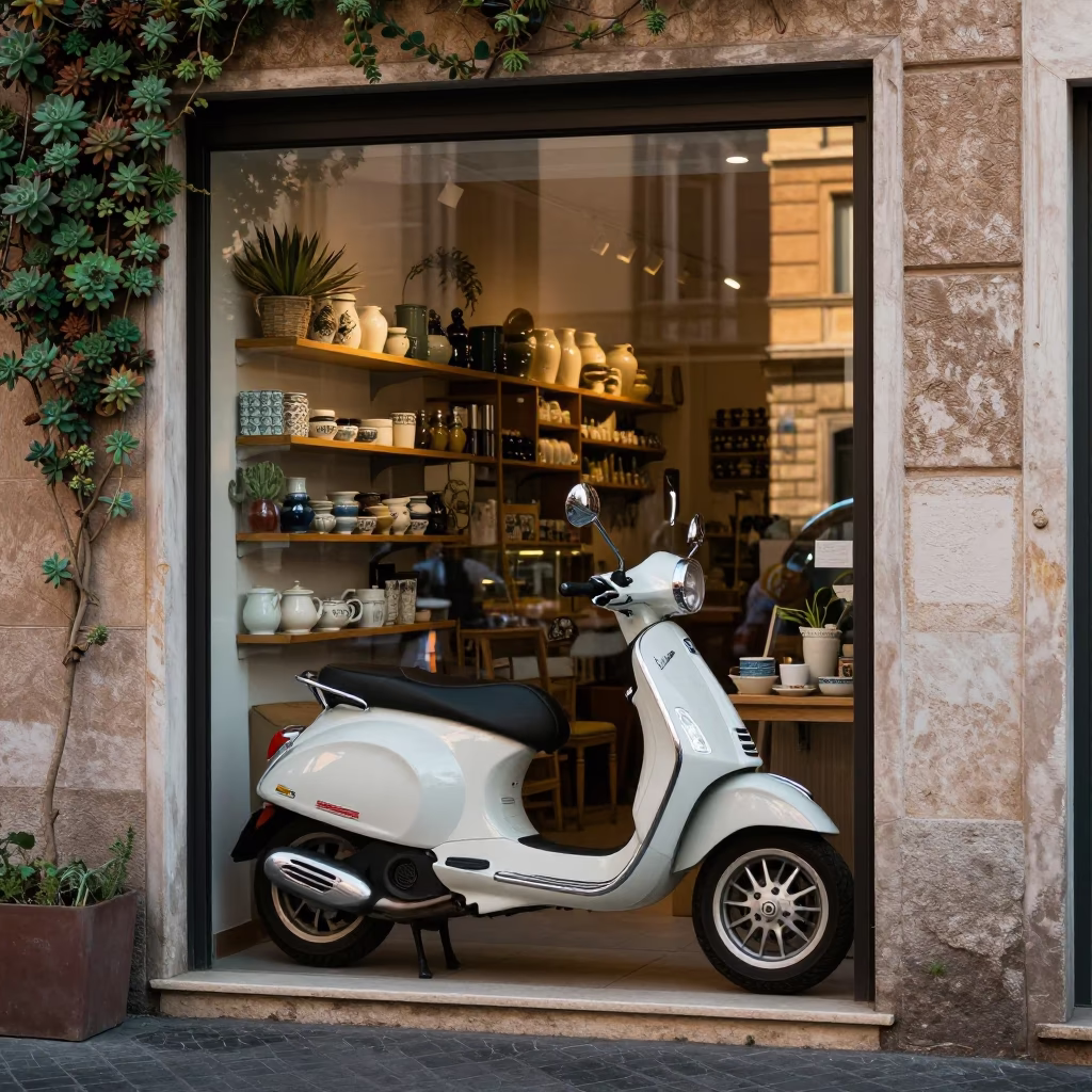 Vespa Reflection in Rome at Clear Late-afternoon Light in in Rome, Italy