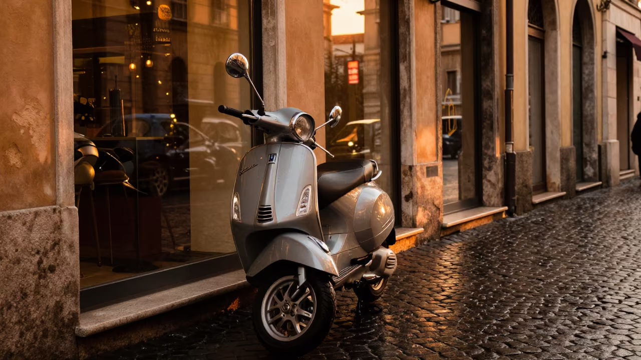Vespa Reflection in Roman Shop Window Sunset in outside a shop window after rain near Rome