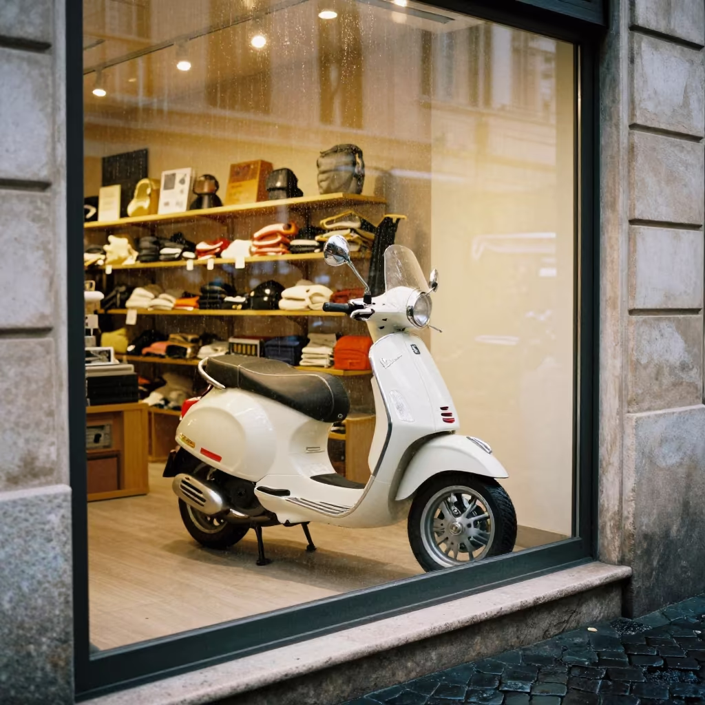 Vespa Reflection in Rome Shop Window After Rain in outside a shop window after rain in Rome