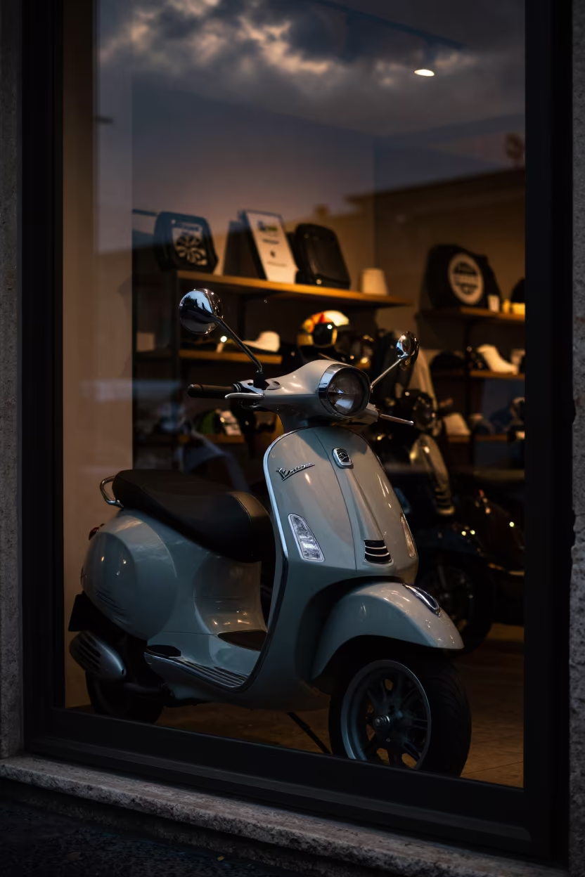 Vespa Reflection in Rome Shop Window at Night in outside a lit retail frontage after dark in Rome