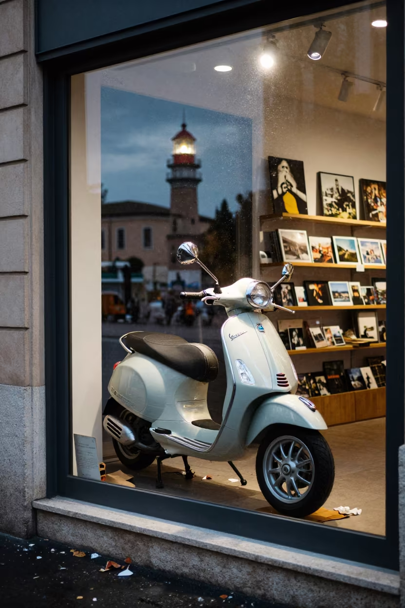 Vespa Reflection in Rome Shop Window in along a storefront glass line on a wet street near Rome
