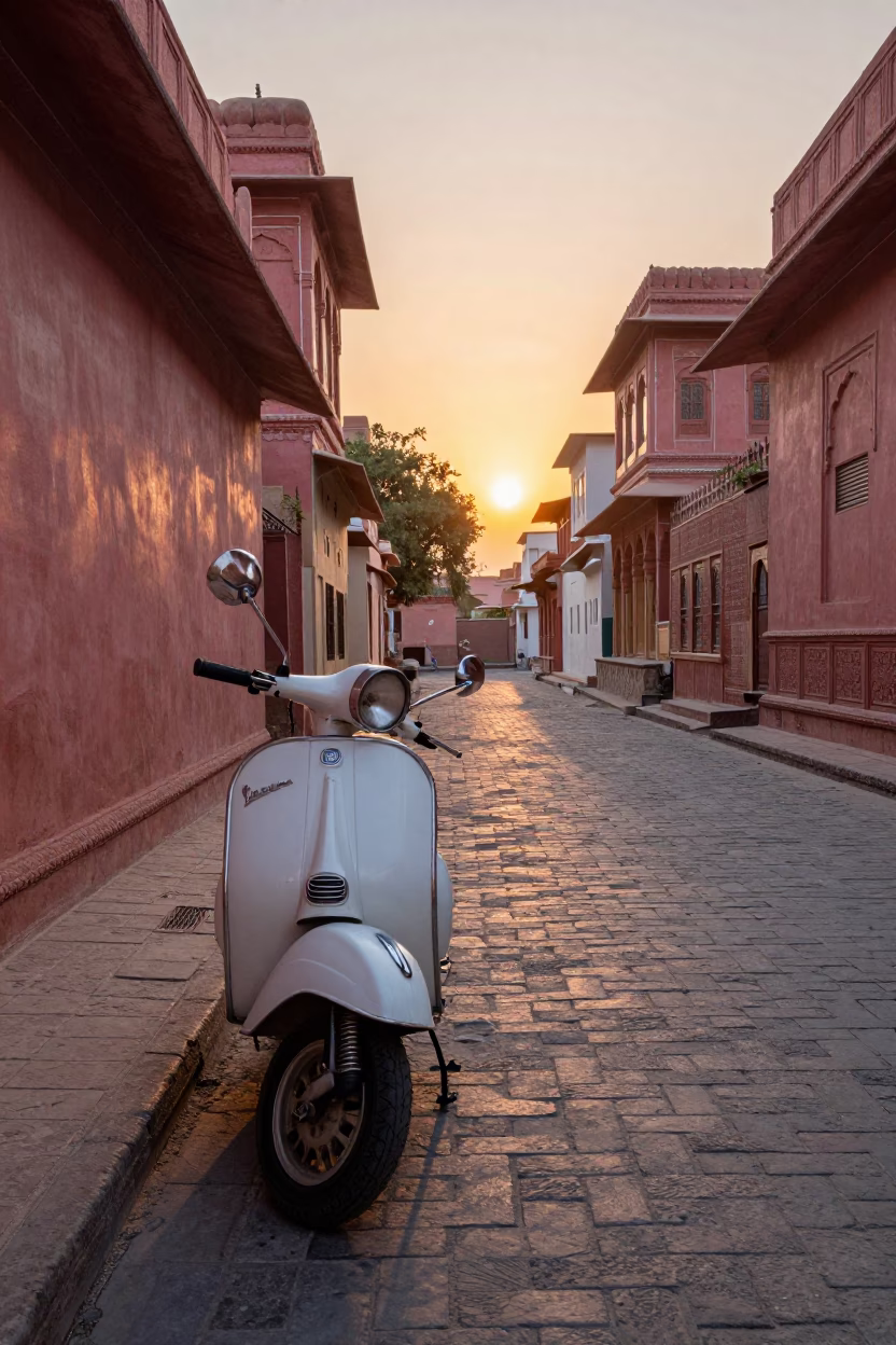 Vespa Scooter in Jaipur at As The Sun Drops Toward The Horizon in in Jaipur, India