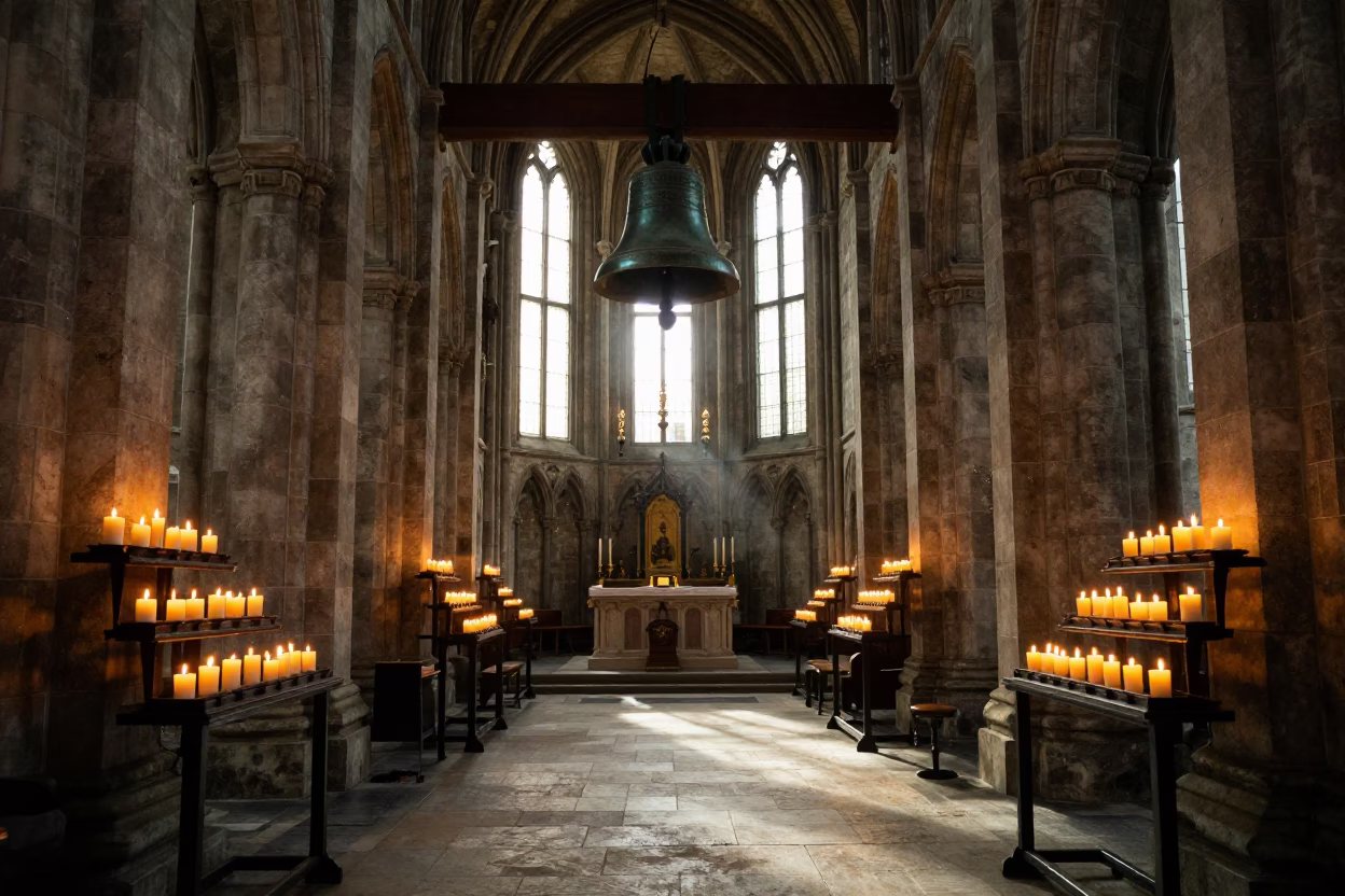 Vespers Bell in Candlelit Vancouver Abbey in inside a candlelit abbey nave in Vancouver