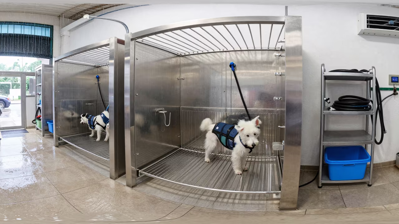 Vest Rack at Tyre Dog Wash Station Midday in at a self-serve dog wash station in Tyre