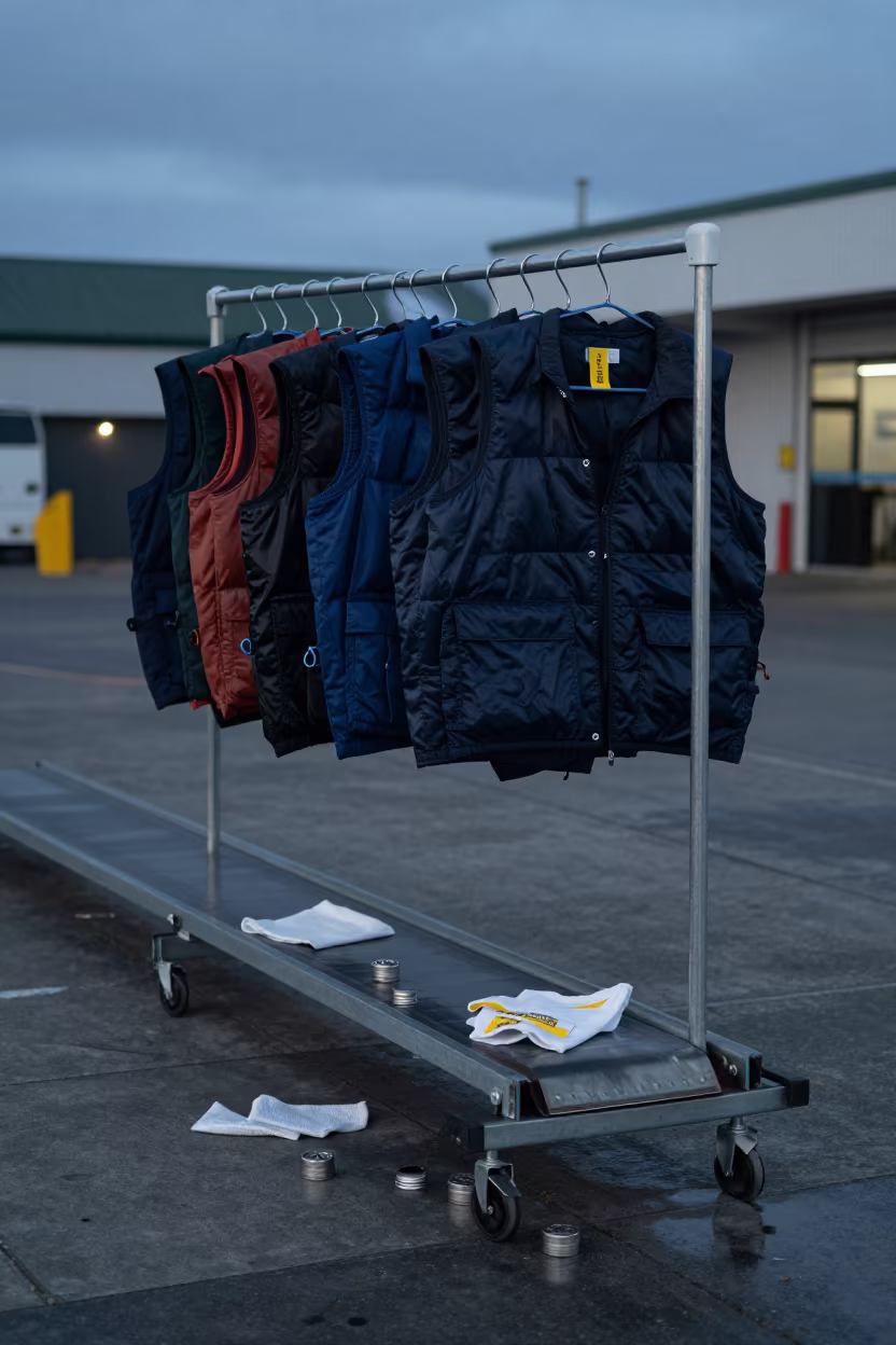 Vest Size Rack Under Dock Light at Britomart in at a parcel sorting belt in Britomart, Auckland
