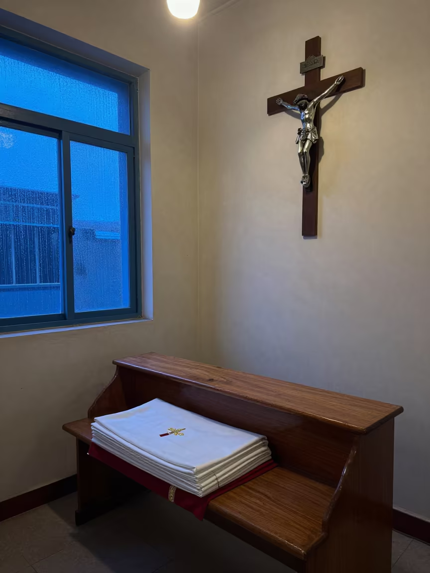 Vestry Bench With Vestments and Crucifix in on a wooden workbench near Bhopal
