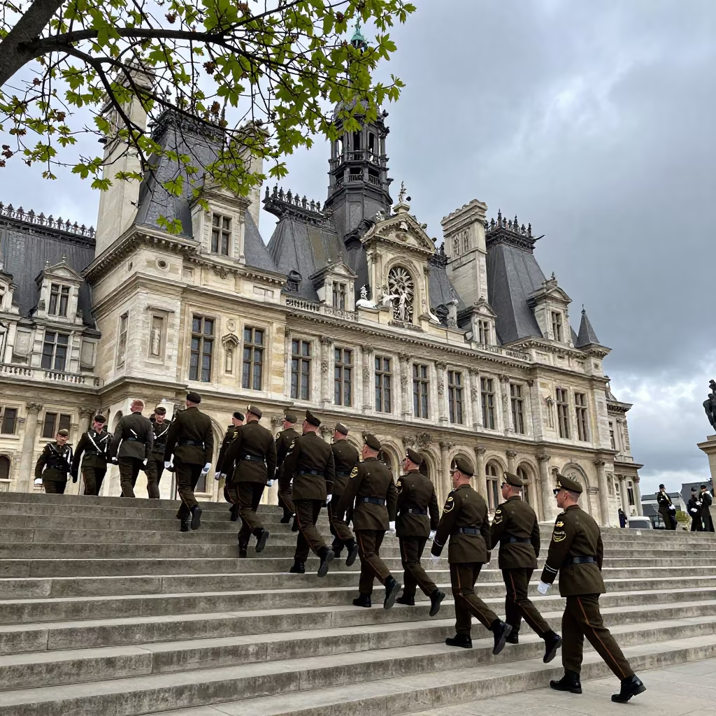Veterans Parade City Hall Paris Spring Afternoon in on the steps of city hall near Paris