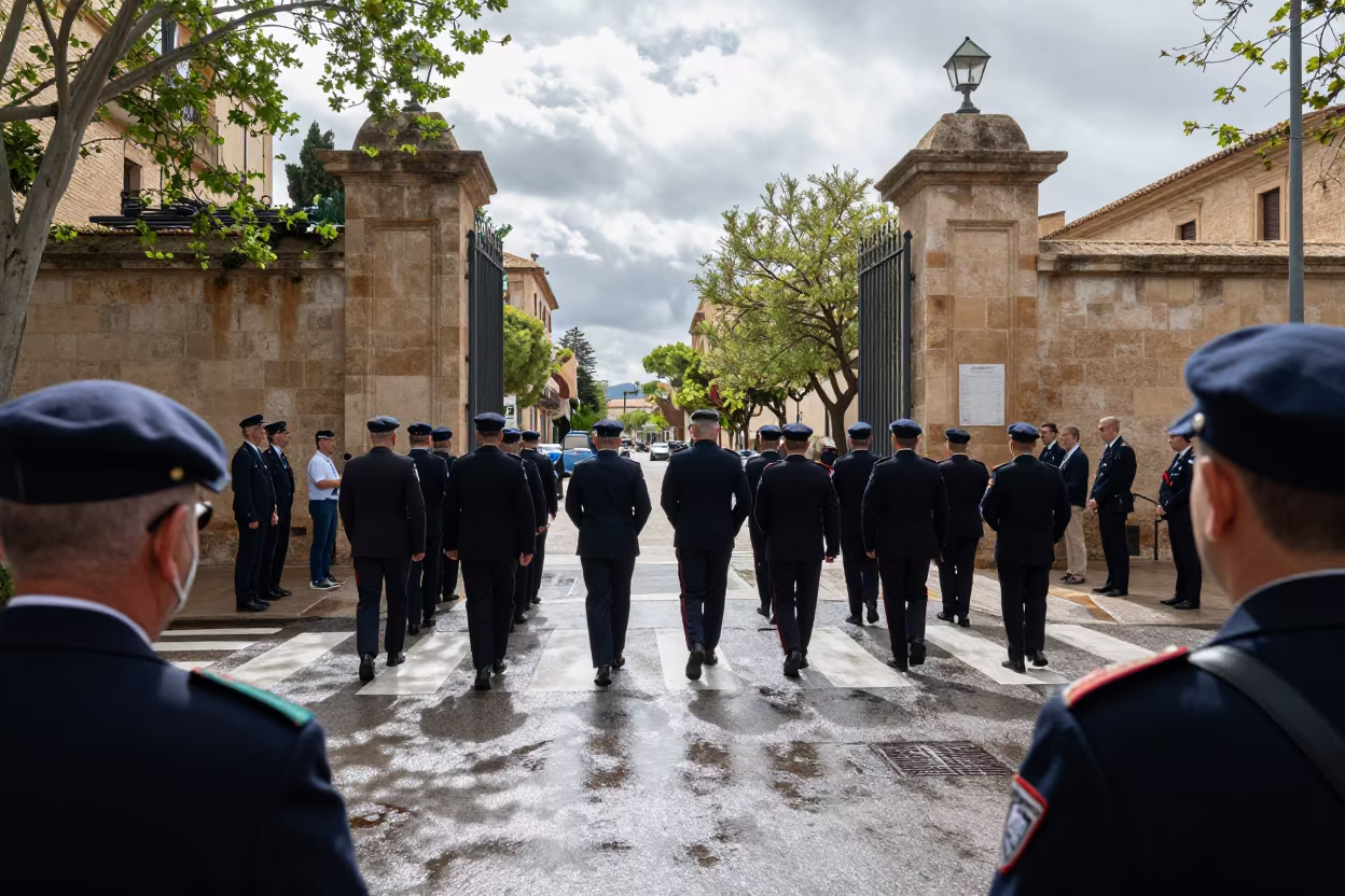 Veterans Parade Under Grey Skies Palma de Mallorca in at a crosswalk by a school gate near Palma de Mallorca