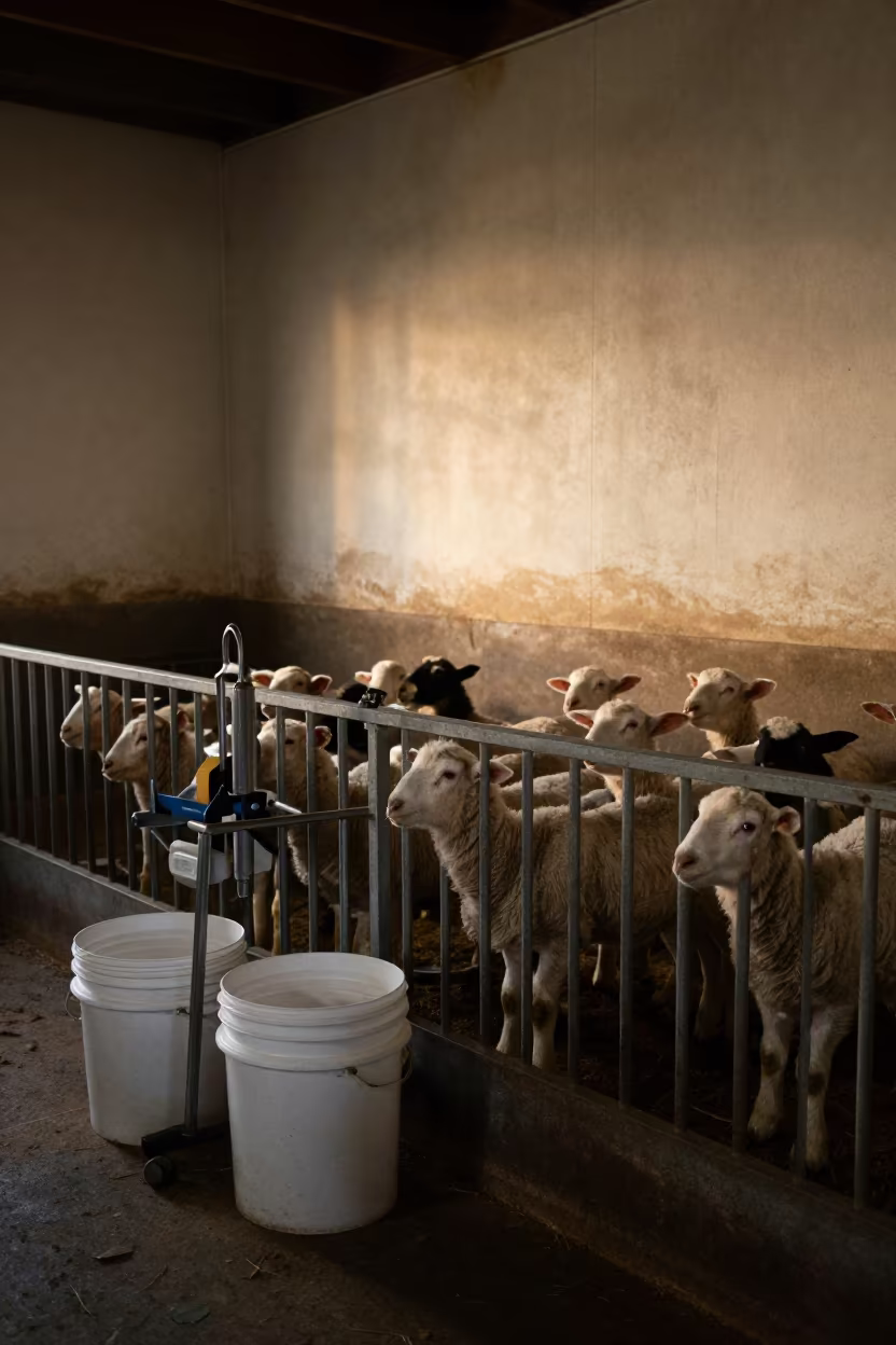 Veterinary Crush and Buckets at Dawn in Missouri Barn in inside a lambing barn in Missouri