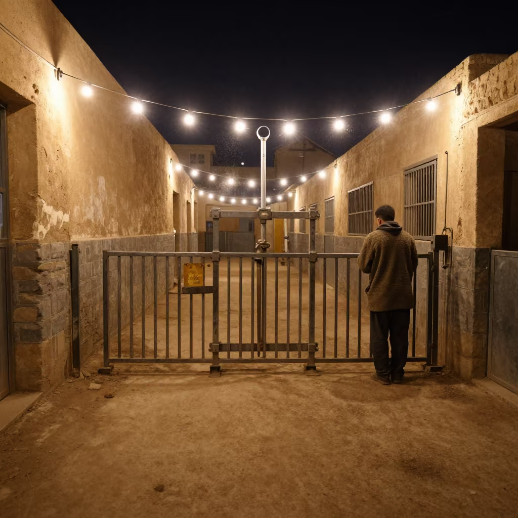 Veterinary Crush Gate in Iraqi Stable Night in in a stable aisle in Iraq