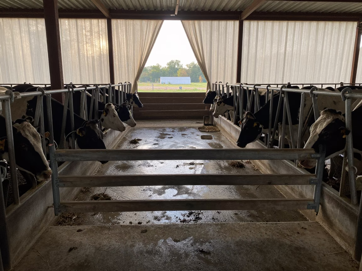 Veterinary Crush Gates Dawn Light Minnesota Parlor in inside a milking parlor in Minnesota