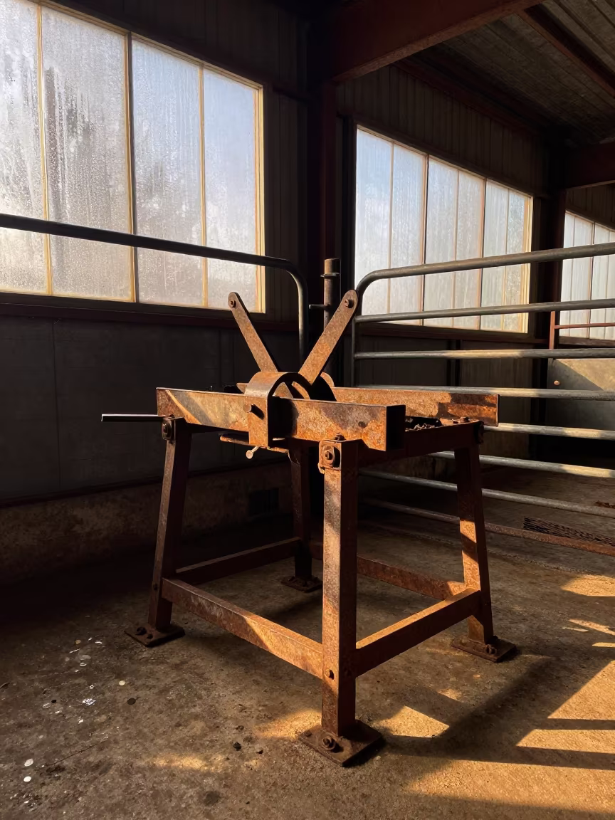 Veterinary Crush Under Golden Hour Light in inside a shearing shed in England