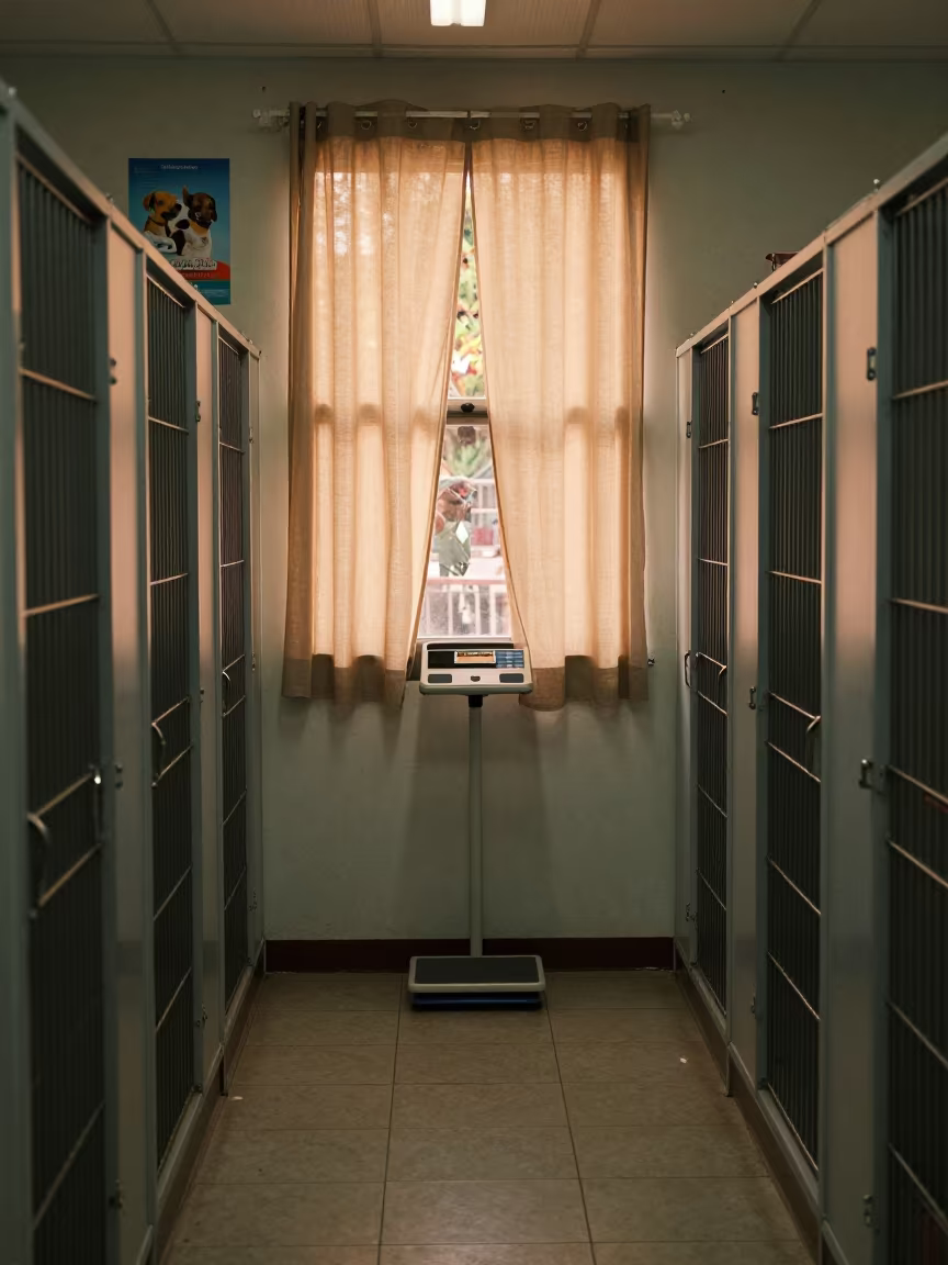 Veterinary Waiting Room Corner with Pet Scales in in a boarding kennel corridor near Santiago de Veraguas