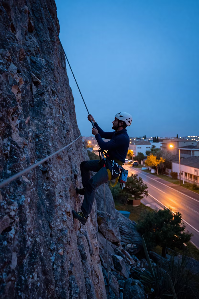 Via Ferrata Climber in Blue Hour Twilight Rain in at a roadside stop near Cordoba