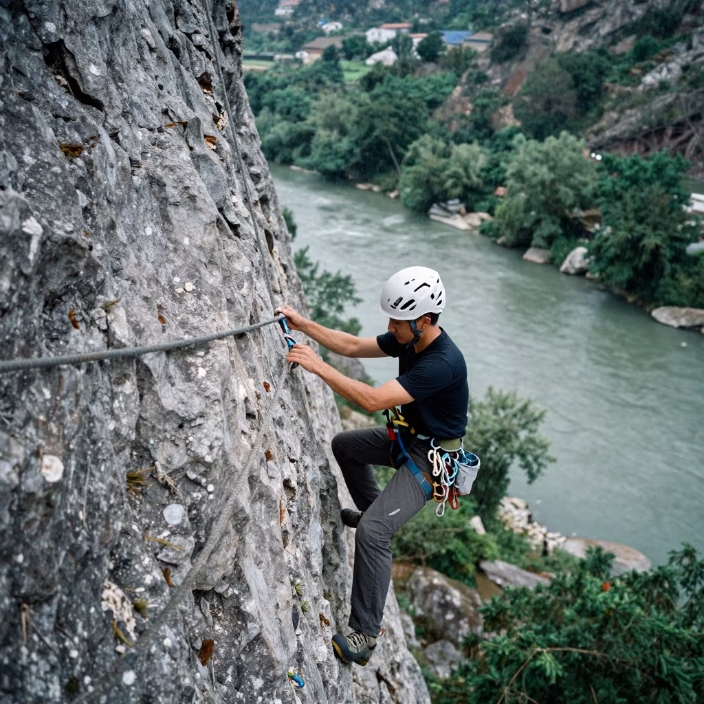 Via Ferrata Climber on Erode Riverbank Traverse in by a riverbank near Erode