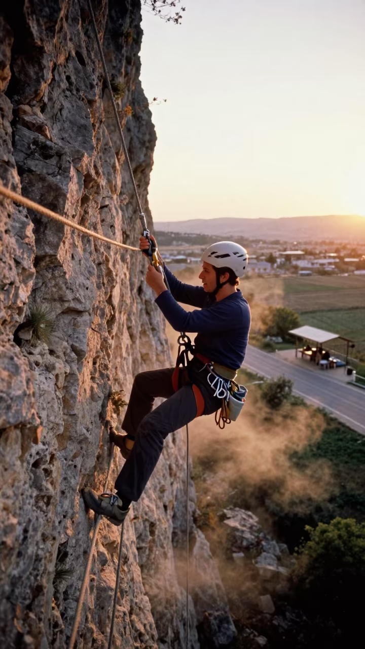 Via Ferrata Climber Traversing Exposed Cliff at Sunset in at a roadside stop near Adana