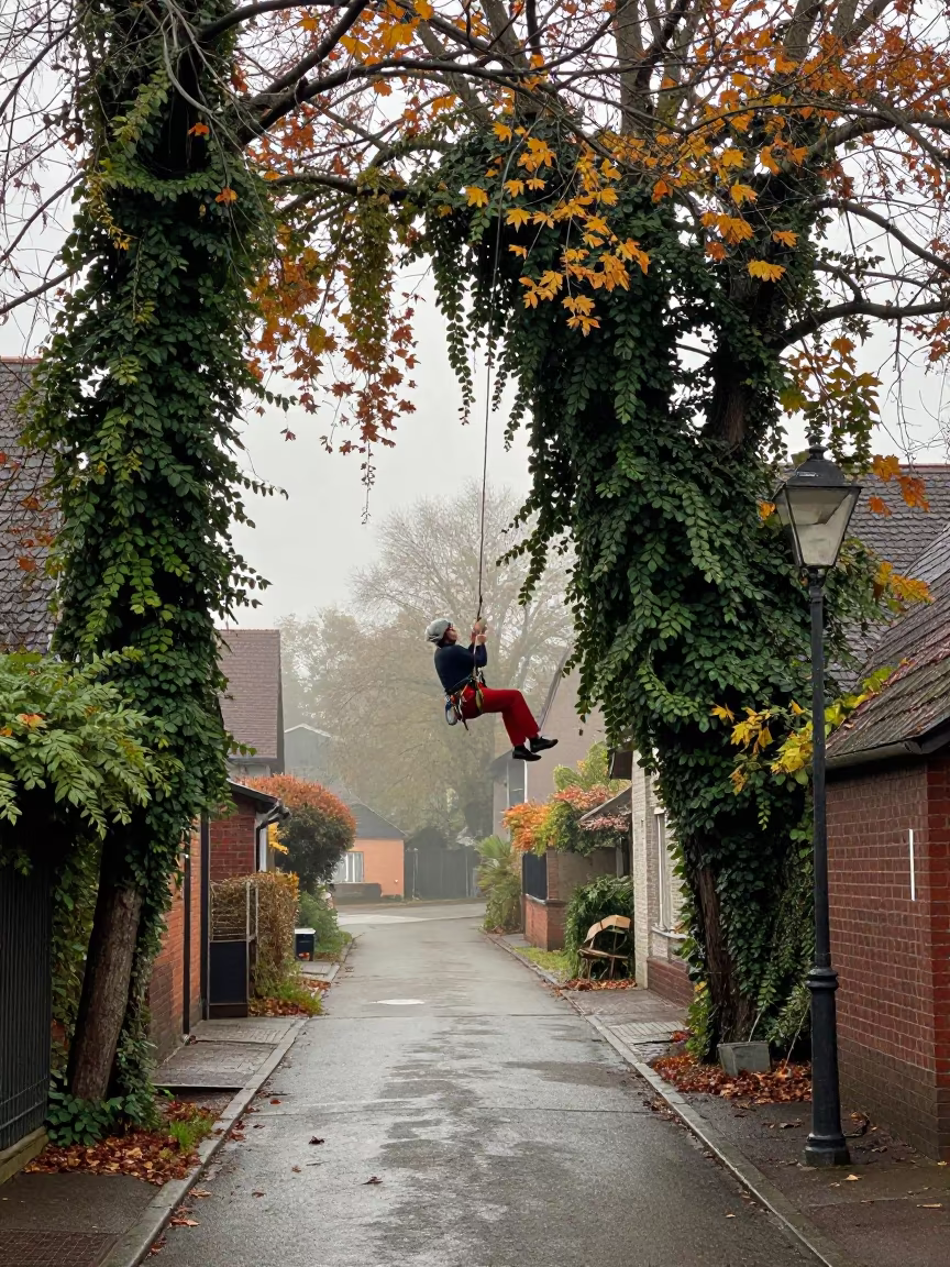 Via Ferrata Climber Amidst Jungle Vines in Cologne Lane in in a village lane near Cologne