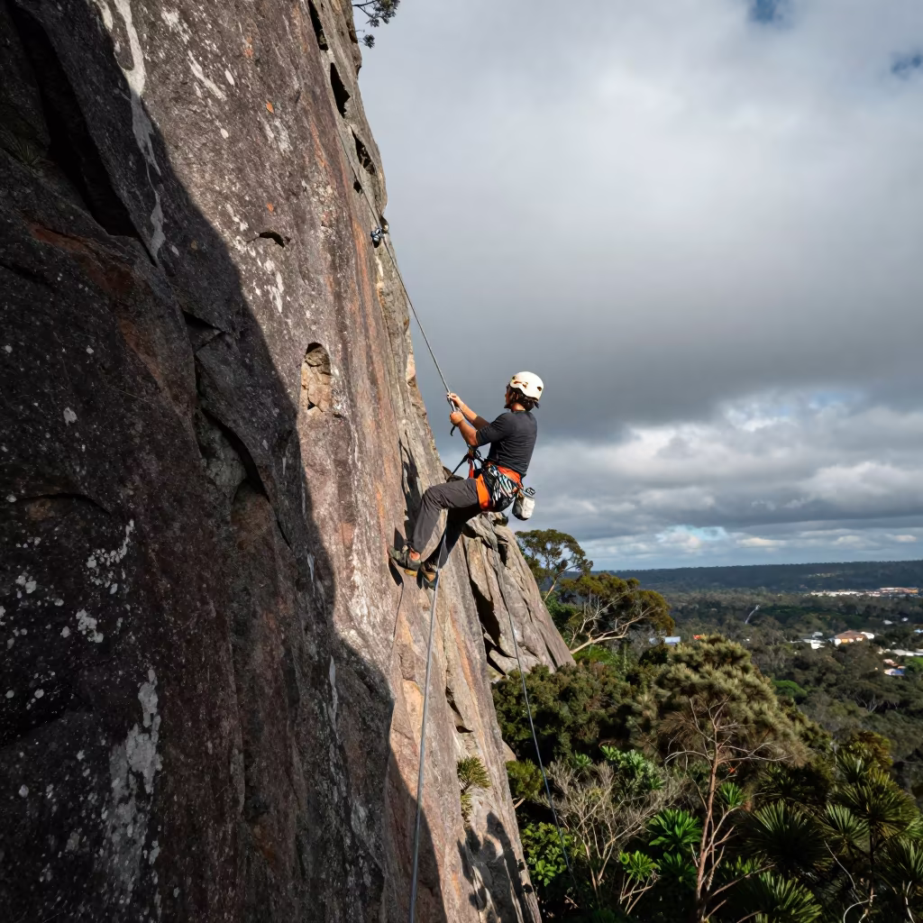Via Ferrata Climber Traversing Melbourne Mountain Path in on a mountain path near Degraves Street, Melbourne
