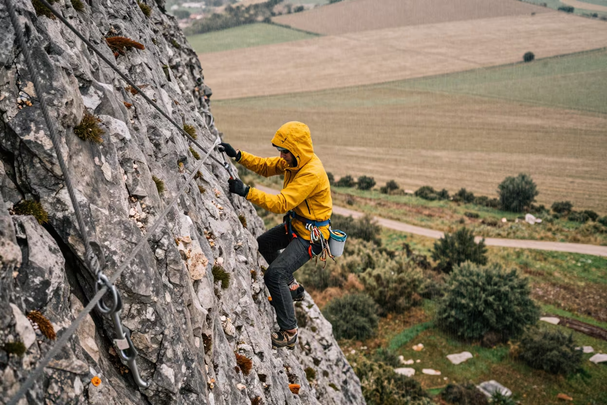 Via Ferrata Climber Traversing Exposed Rock Face in near open fields near Lecce