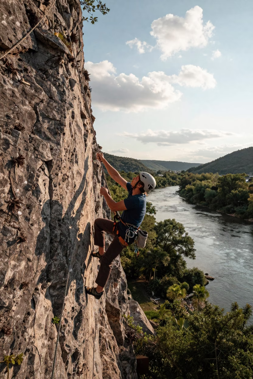 Via Ferrata Climber Traversing Riverbank at Golden Hour in by a riverbank near San Antonio