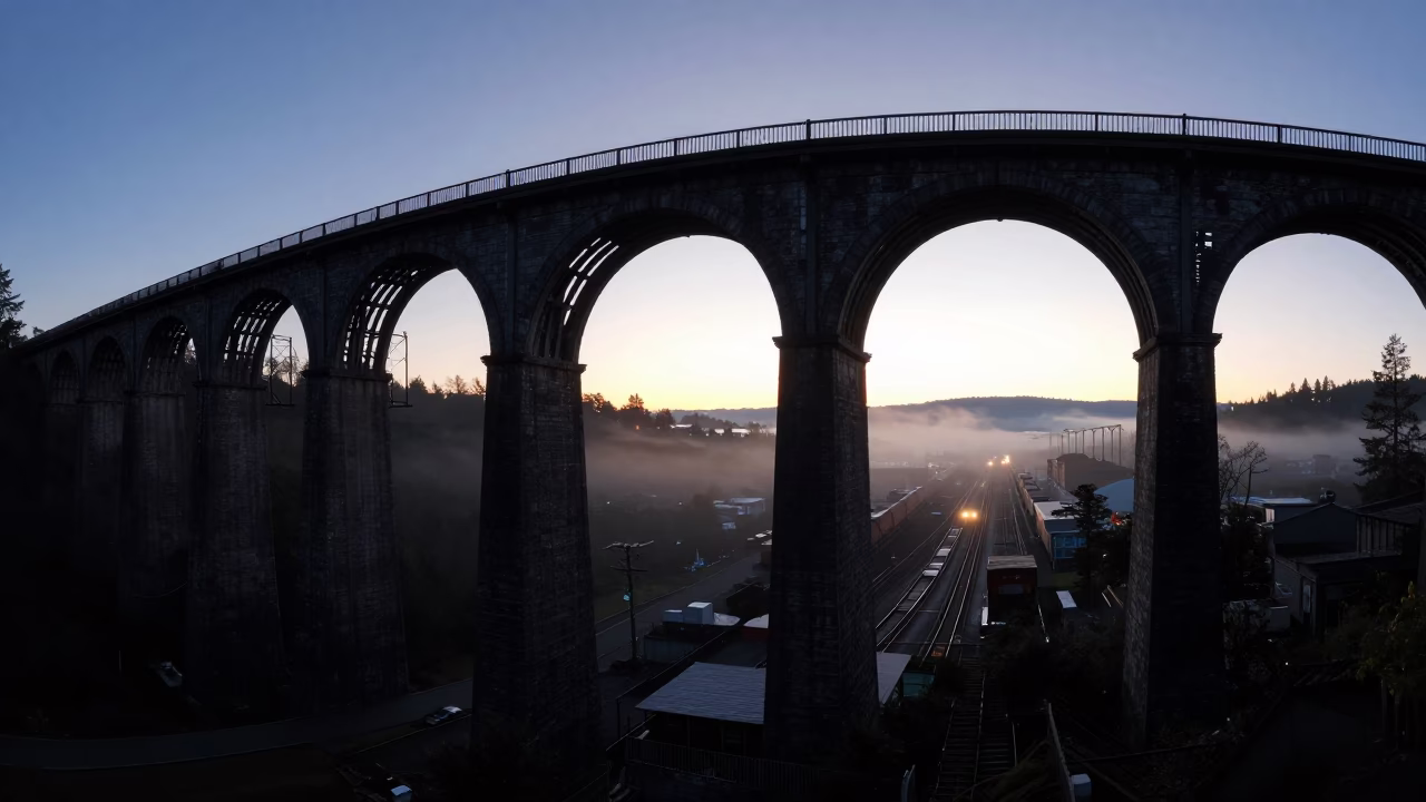 Viaduct Arches in Portland at Sunrise Light in in Portland, Oregon, United States