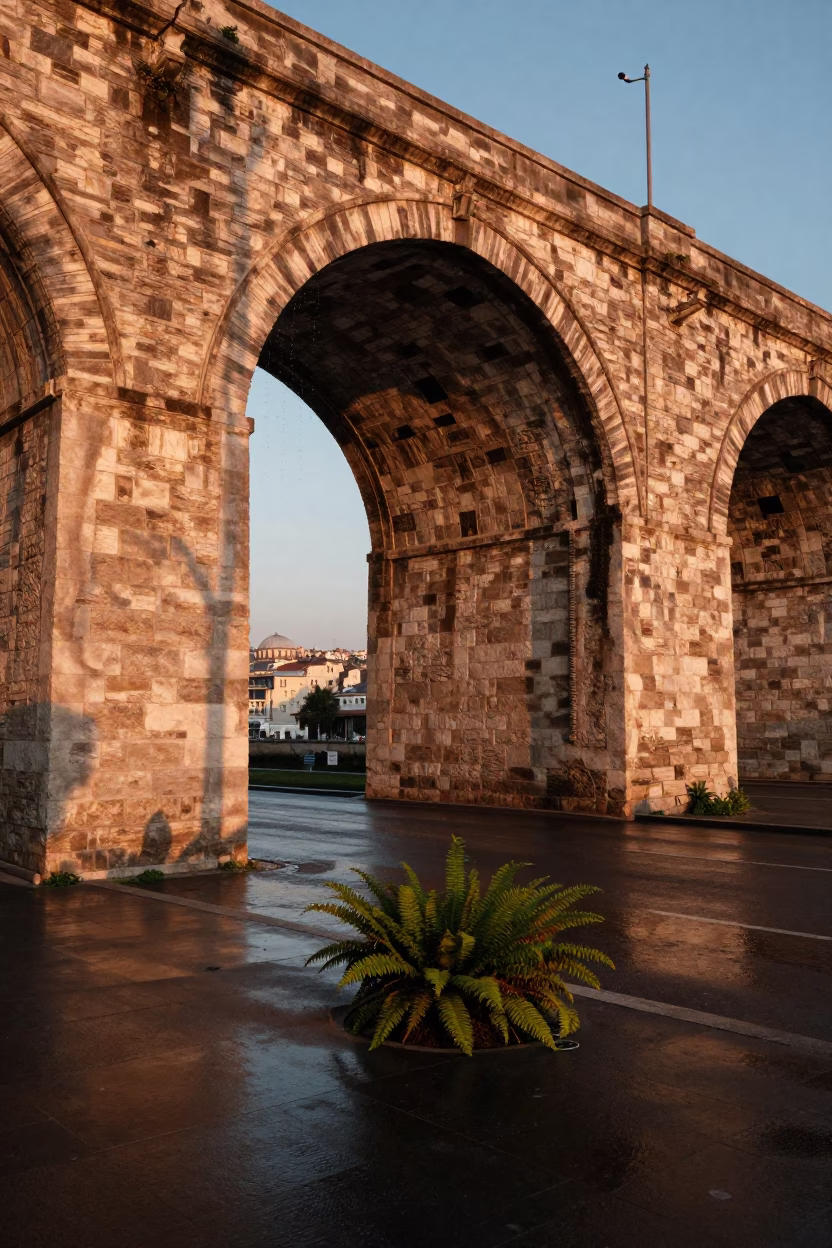 Viaduct Archway in Istanbul at Copper-toned Light Before Dusk in in Istanbul, Turkey