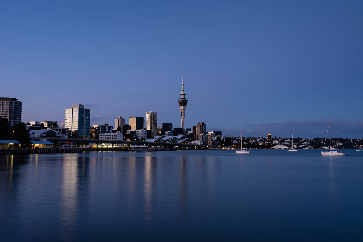 Viaduct Harbour in Auckland at Twilight in in Auckland, New Zealand
