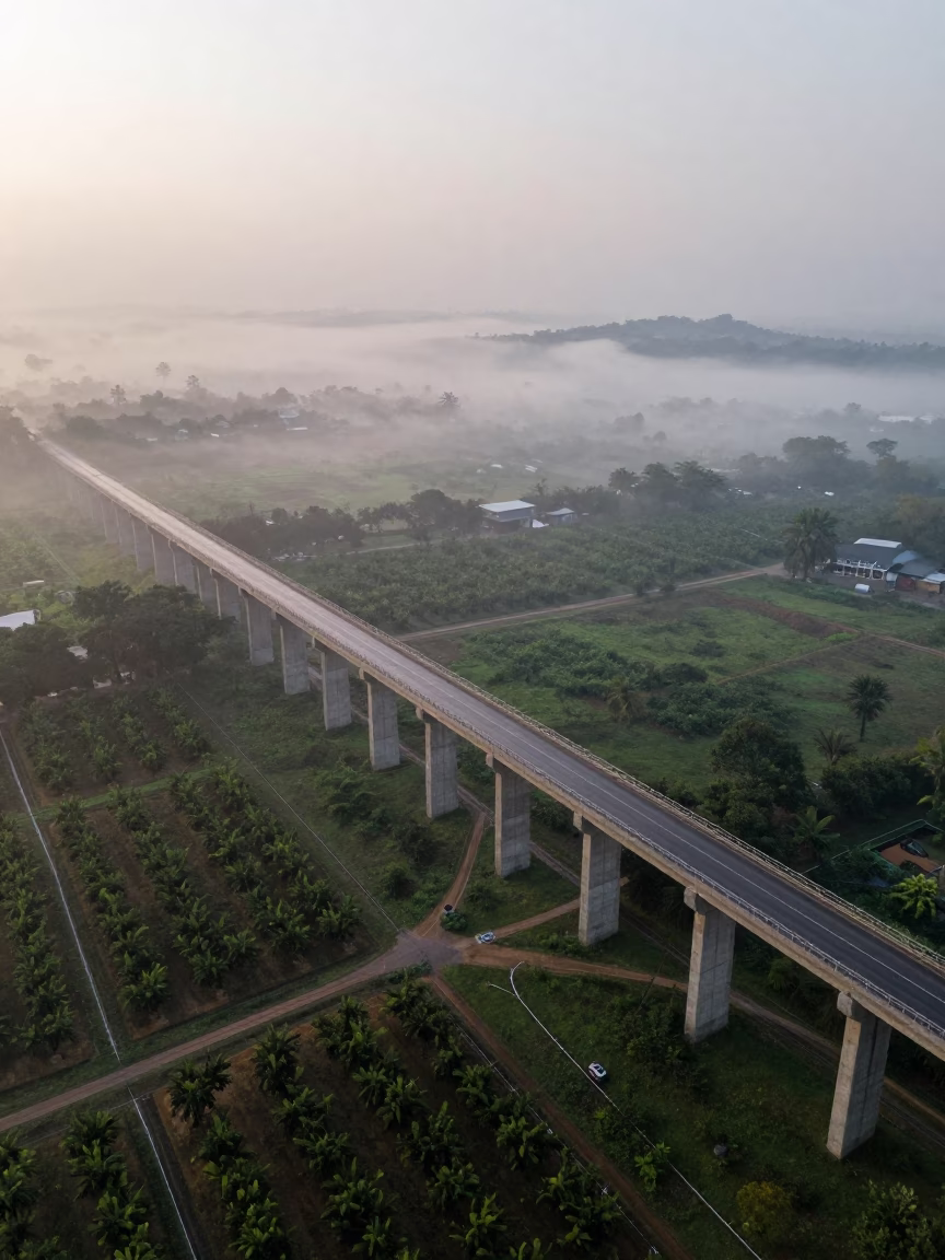 Viaduct Over Monsoon Fog Above Surat Orchards in far above orchard blocks and irrigation lines near Surat