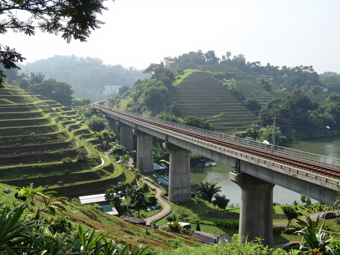 Viaduct Pier Over Water in Singapore Noon Mist in beside a bridge pier above moving water in Singapore