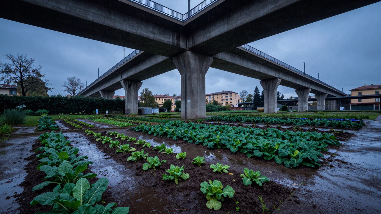 Viaduct Shadow Across Rain-Washed Allotment Gardens in Milan in in Milan, Italy