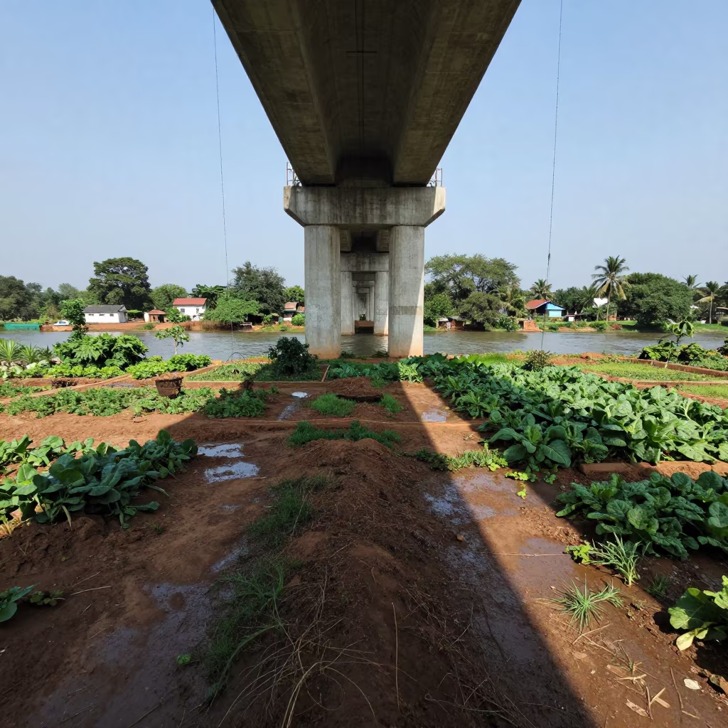 Viaduct Shadow Cuts Across Odisha Gardens in beside a bridge pier above moving water in Odisha