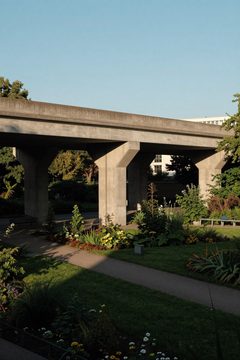 Viaduct Shadow Cutting Across Allotment Gardens After Rain in Berlin in in Berlin, Germany