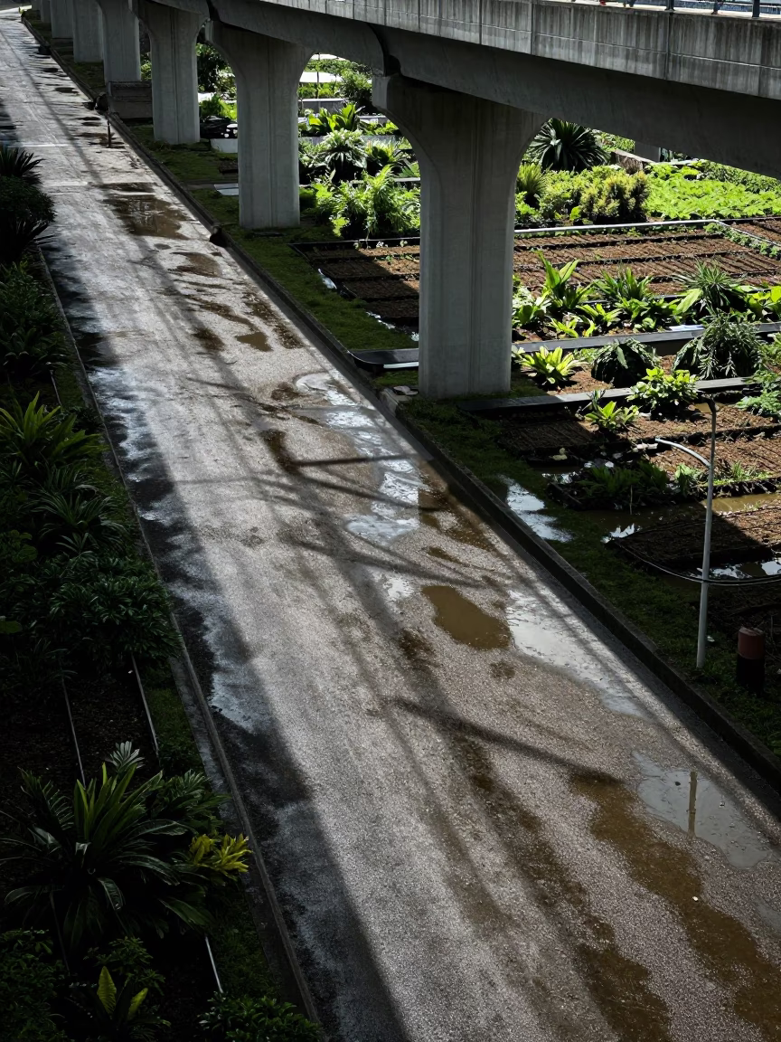 Viaduct shadow cutting across allotment gardens after rain in Kaohsiung Taiwan midday in in Kaohsiung, Taiwan