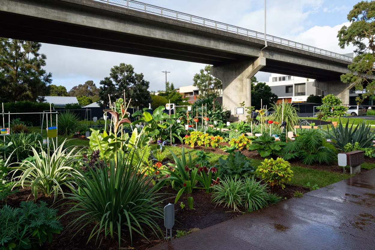 Viaduct Shadow Cutting Across Allotment Gardens After Rain in Melbourne Victoria Early Afternoon in in Melbourne, Victoria, Australia