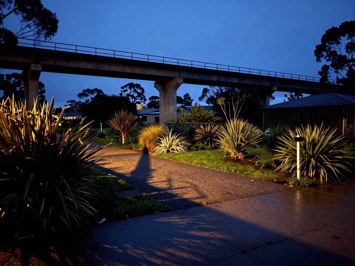 Viaduct Shadow Cutting Across Perth Allotment Gardens After Rain at Blue Hour in in Perth, Western Australia, Australia