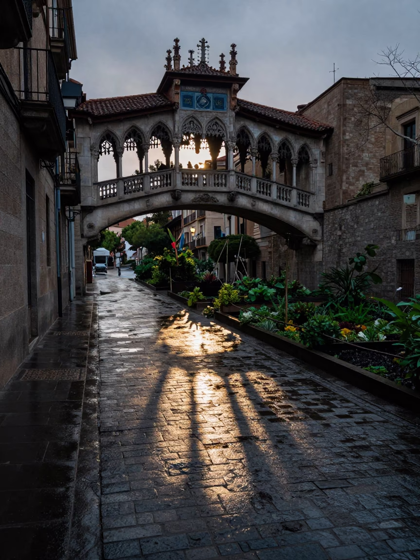Viaduct Shadow in Barcelona at The Early Evening Light in in Barcelona, Spain