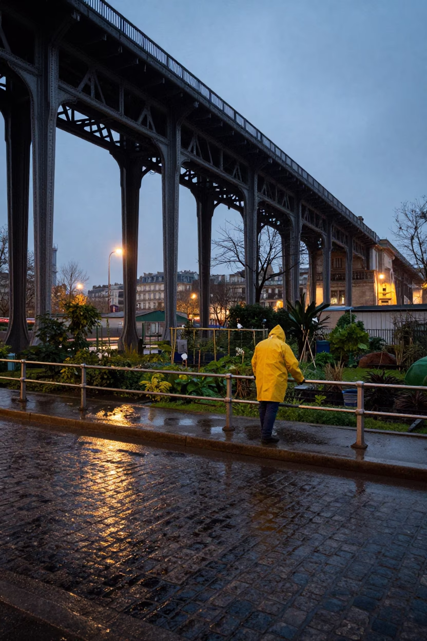 Viaduct Shadow in Paris at As City Lights Begin To Glow in in Paris, France